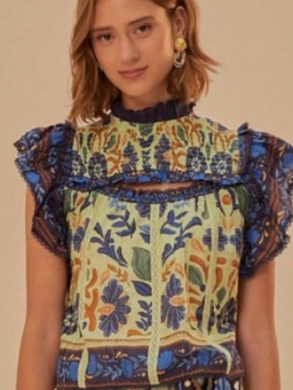 FARM Rio Green Ocean Tapestry Ruffle Cutout Sleeveless Blouse XL